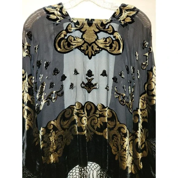 Michelann Original Whimsigoth Shawl Black Gold Burnout Velvet  Fringed Vintage - Picture 8 of 11